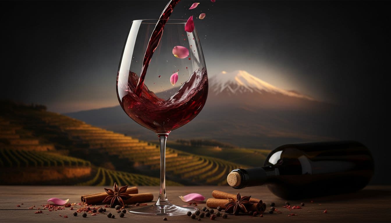 Calice a tulipano con vino rosso Etna da Nerello Mascalese, riflessi rubino su tavolo rustico, con vigneti etnei e l’Etna sullo sfondo