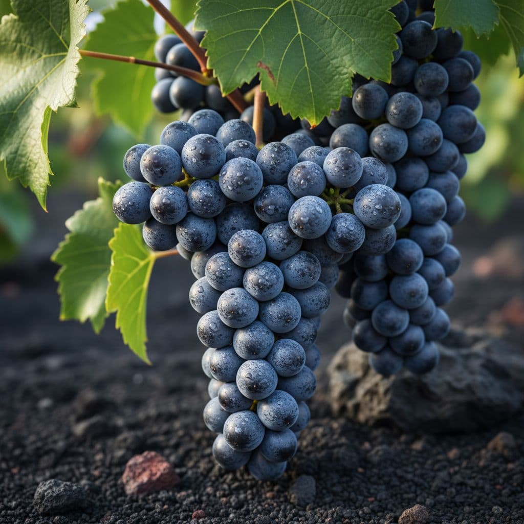 Primo piano di grappoli maturi di Nerello Mascalese sulla vite, acini blu-neri con pruina, foglie verdi e sfondo di suolo vulcanico sfocato