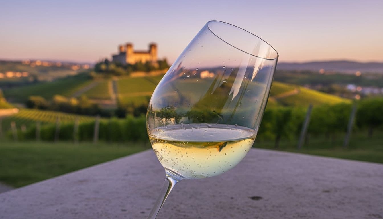 Calice di Soave da Garganega su tavolo di pietra all’aperto, con colline sullo sfondo al crepuscolo.