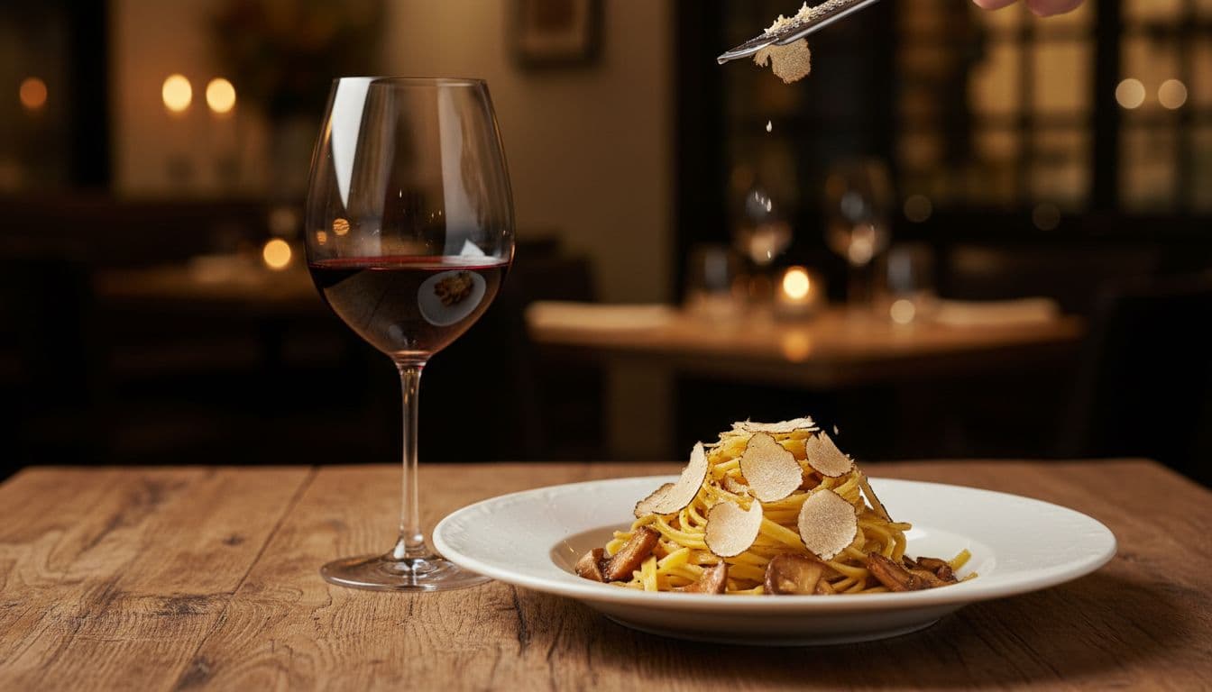 Photorealistic editorial image of a single glass of Barolo wine and a plate of tajarin pasta with white truffle and porcini mushrooms on a rustic Piedmontese wooden table in an elegant restaurant, soft evening light, warm autumn tones.