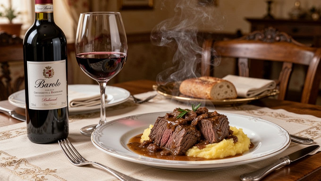 Elegant photorealistic editorial image featuring a ruby red Barolo wine glass and open bottle on a refined Piedmontese table, paired with a steaming plate of tender brasato alla piemontese and polenta in a warm Italian dinner atmosphere.