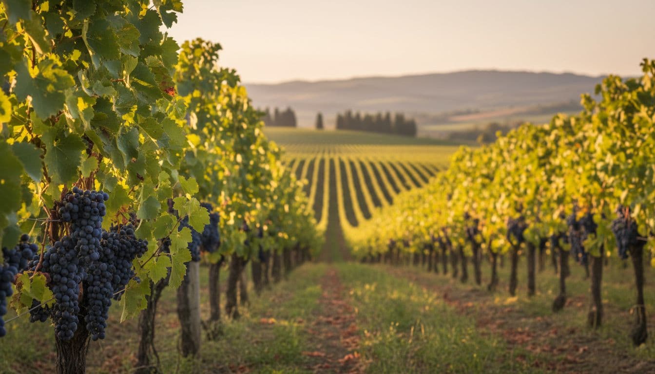 Realistic editorial photo of a Cabernet Franc vineyard in Tuscany at sunset, with small blue-black grape clusters hanging from vines in the foreground, orderly rows extending into the distance, and Tuscan hills in the background under warm golden light.