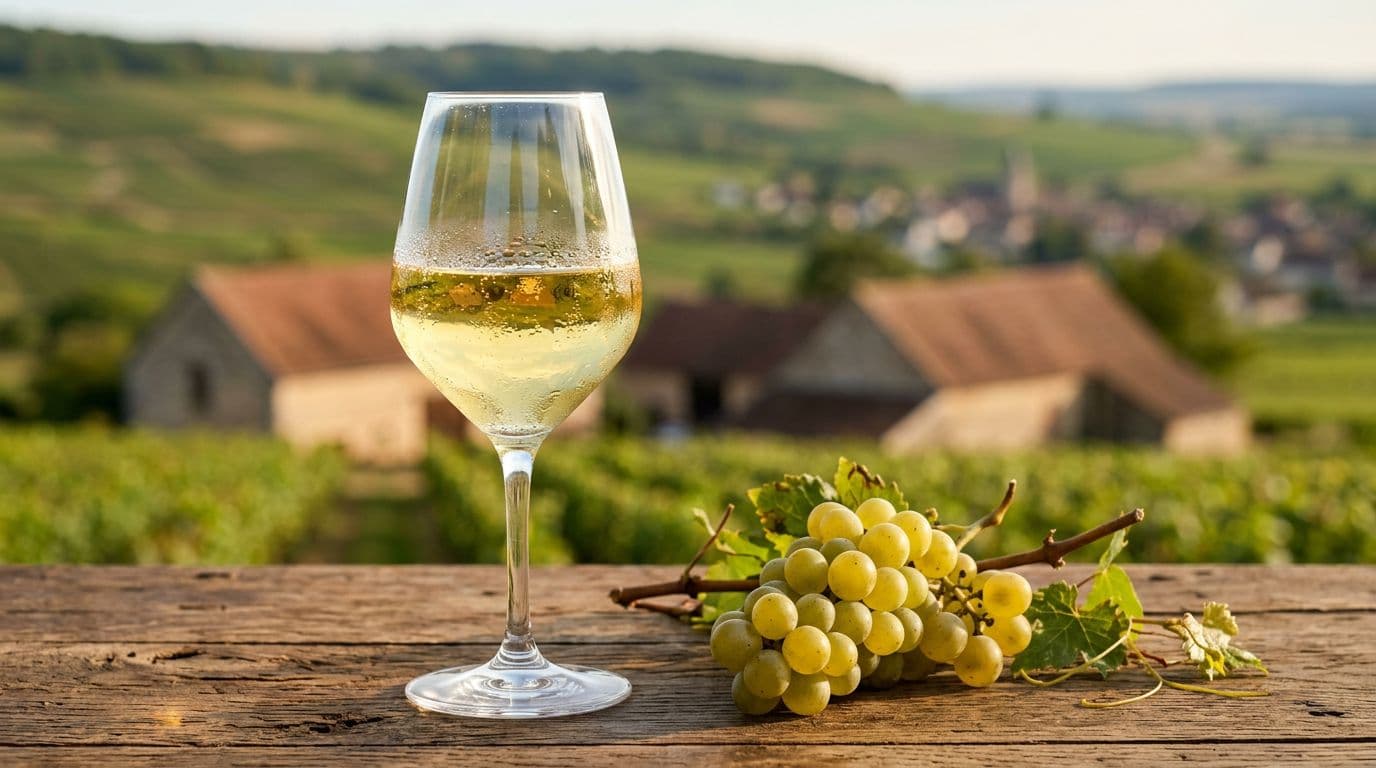 Calice di Chardonnay paglierino con riflessi dorati su tavolo rustico