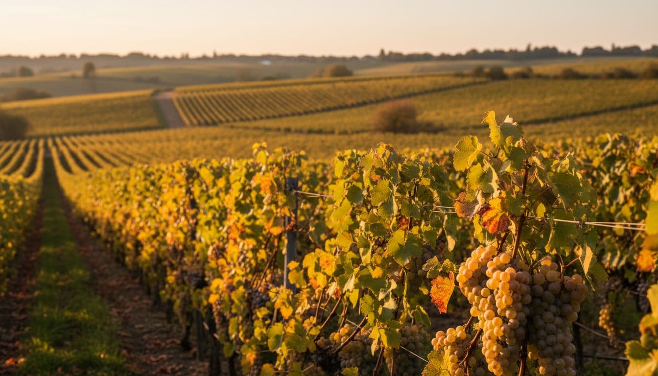Orderly Chenin Blanc vineyards on the hills of the Loire Valley in France at sunset, with ripe white grape clusters in the foreground, captured in soft golden natural light and authentic autumn colors.