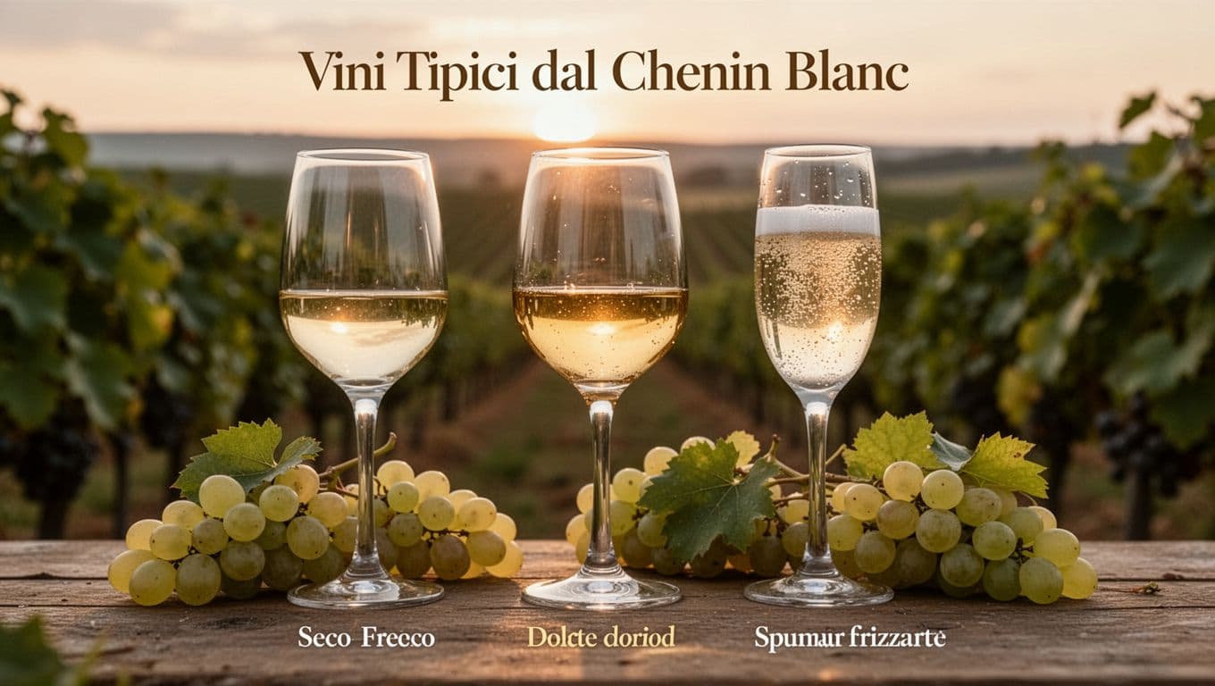 Refined editorial image showcasing three glasses of Chenin Blanc wine in dry fresh, sweet golden, and sparkling fizzy styles, with grape clusters and a blurred twilight vineyard background.