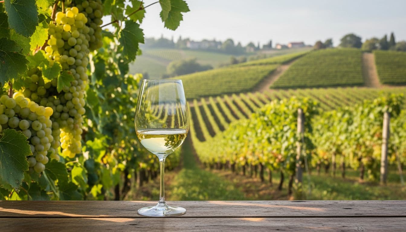 Immagine editoriale realistica e raffinata del vitigno Cortese in Piemonte con filari ordinati di vigneti collinari sotto luce naturale morbida del mattino e grappoli di uva bianca maturi tra foglie verdi. Un calice di vino bianco paglierino elegante in primo piano su tavola rustica in legno, in un'atmosfera premium e serena.