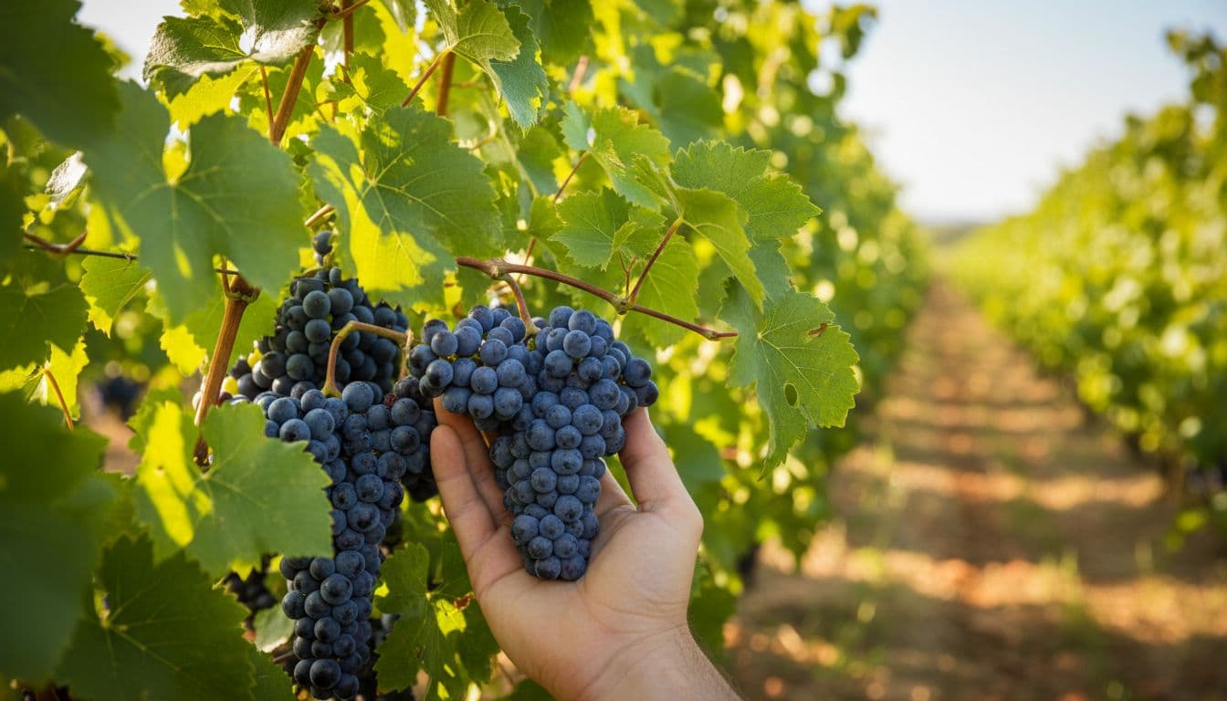 Editorial close-up of small blue-black mature Cabernet Franc grape clusters on a green vine, gently held by a partially visible hand in a sunny vineyard, vivid natural colors, authentic enological style.