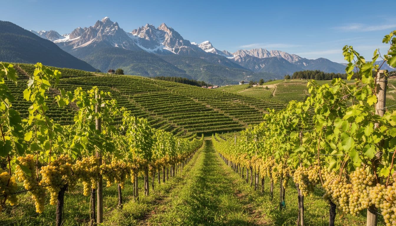 Vigneto di Müller Thurgau sulle colline del Trentino-Alto Adige con grappoli d'uva bianca maturi pendenti dalle viti in filari ordinati e paesaggio montano delle Alpi sullo sfondo.