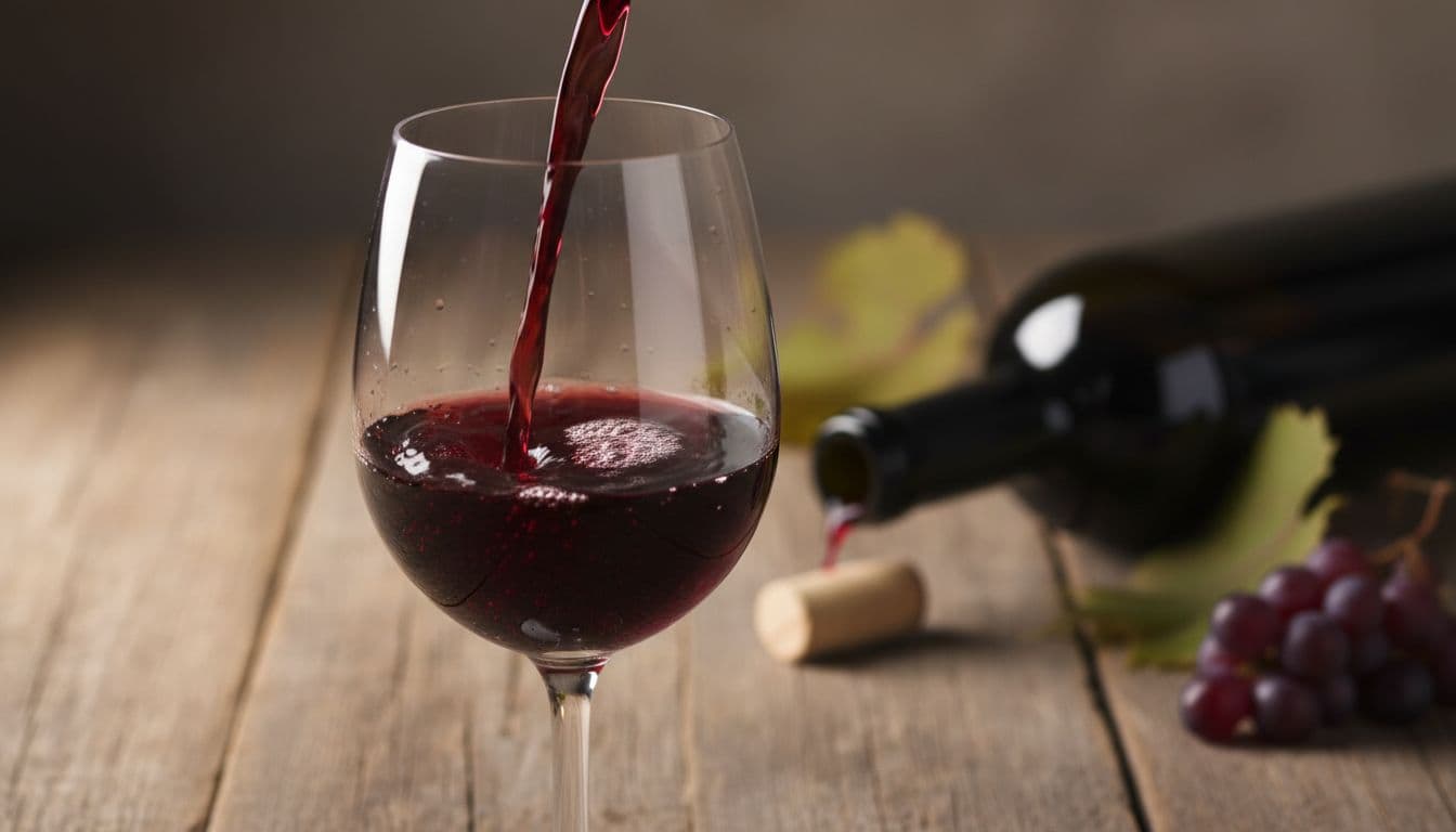 Realistic photograph of Cabernet Franc red wine poured into a glass, showcasing intense ruby color with violet reflections on a rustic background with bottle and cork. Soft natural light highlights sharp details on the wine and glass, creating an inviting tasting atmosphere in high definition.