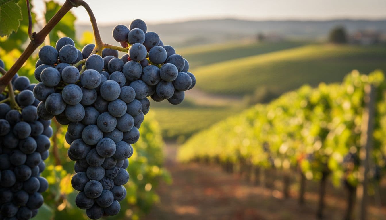 Realistic high-definition macro photograph of a mature Cabernet Sauvignon grape cluster with small blue-black berries covered in pruina, in an orderly Tuscan hillside vineyard at sunset, featuring warm grazing light and blurred bokeh background.