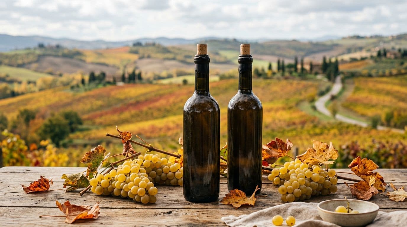 Bottiglie anonime di Chardonnay su tavolo rustico con uva e foglie autunnali