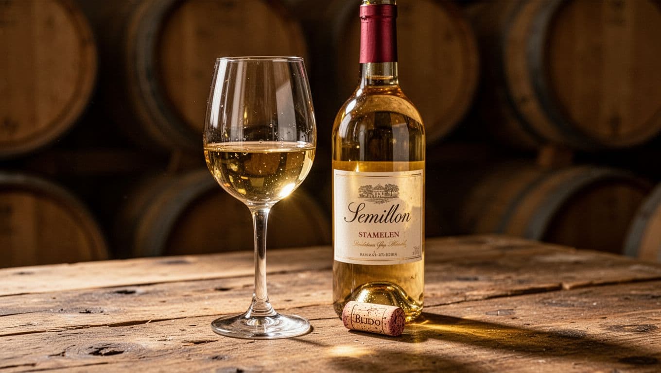 Glass of aged Semillon wine with intense golden yellow reflections next to bottle and cork on rustic wooden table in warm-lit cellar, elegant enological atmosphere, premium photographic style.