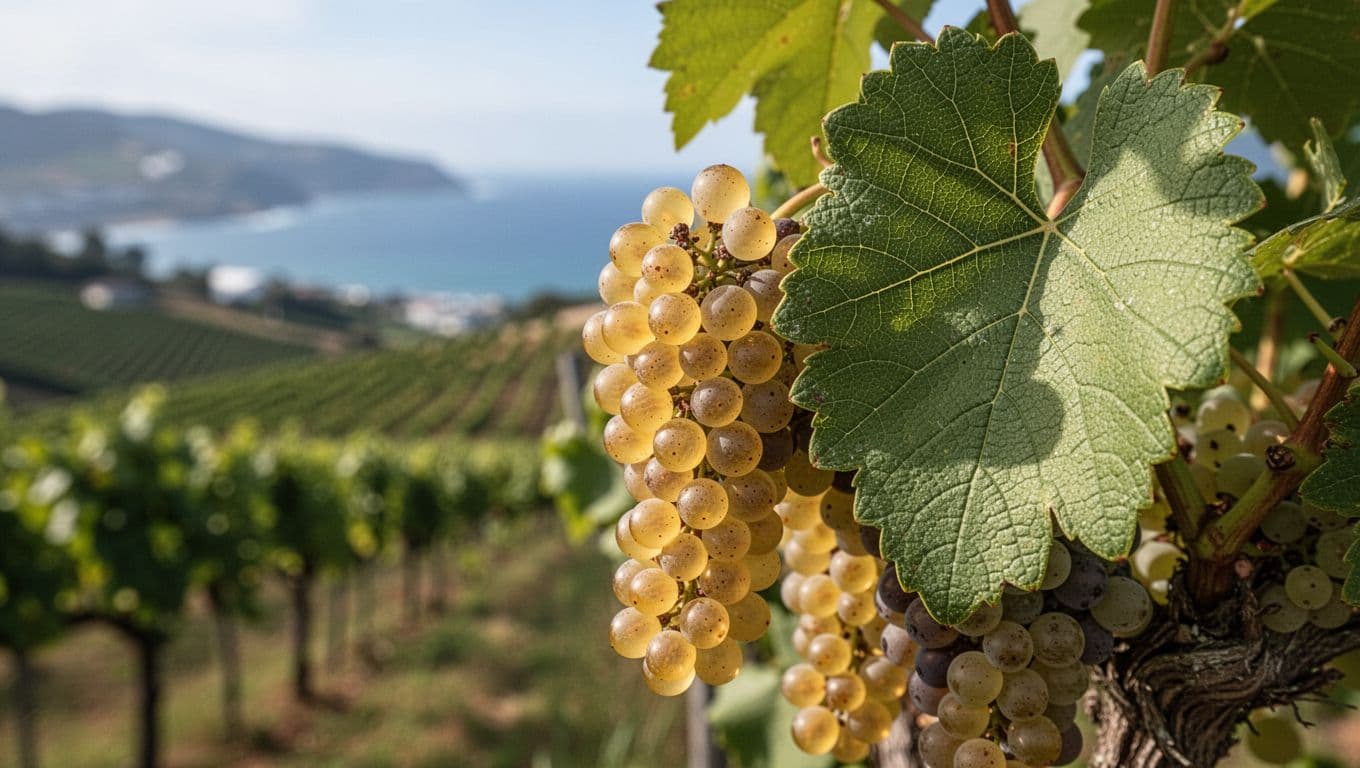 Macro photograph of an Albariño grape bunch with small, golden, transparent berries and a green leaf beside, against a blurred Galician coastal vineyard background, soft natural light, realistic details.