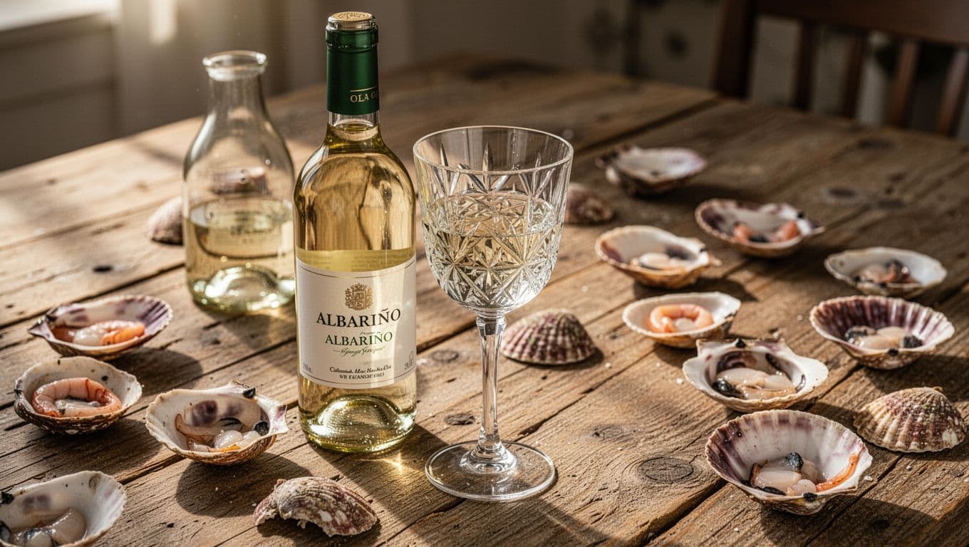 Open bottle of Albariño Rías Baixas white wine next to a glass of luminous white wine on a rustic table with seafood, warm natural light, premium magazine-style photography.