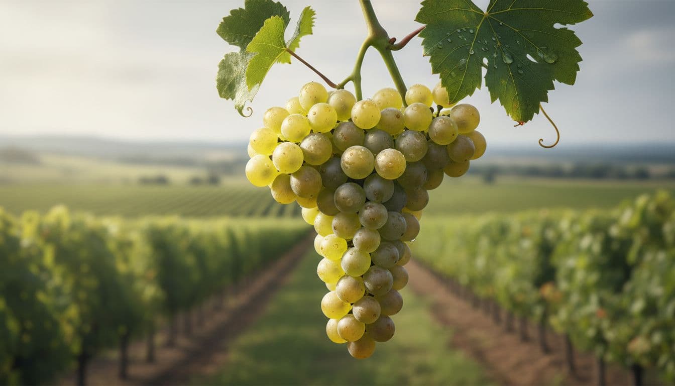 Close-up of small compact white Aligoté berries on green stem, velvety vine leaves, dew drops, blurred vineyard background.