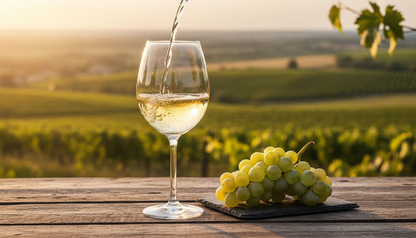 Straw-yellow Bourgogne Aligoté in clear glass on rustic table beside Aligoté cluster and blurred Bulgarian vineyards, warm evening light.