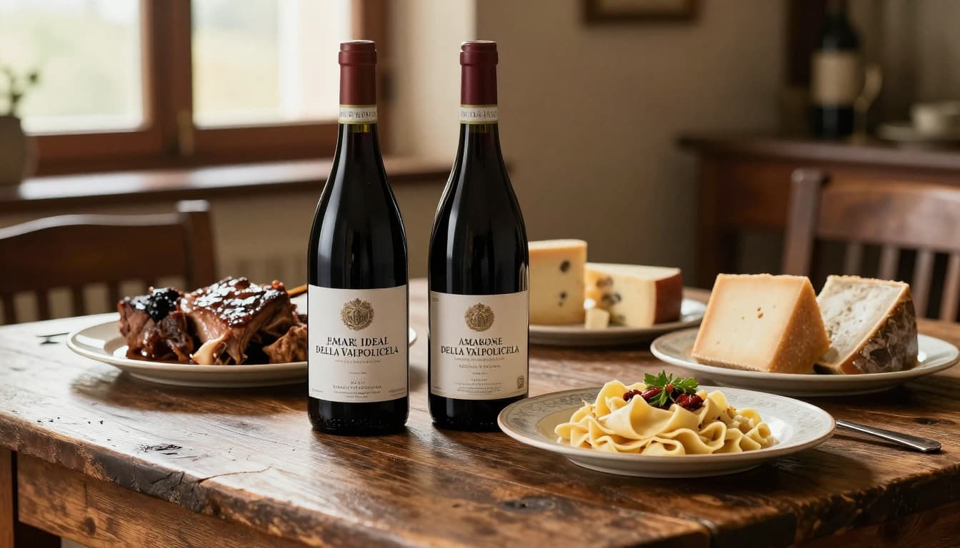 Bottiglia di Amarone della Valpolicella su tavola di legno rustico in cantina veneta, con brasato di manzo, formaggi Monte Veronese, selvaggina arrosto e polenta, luce calda naturale.