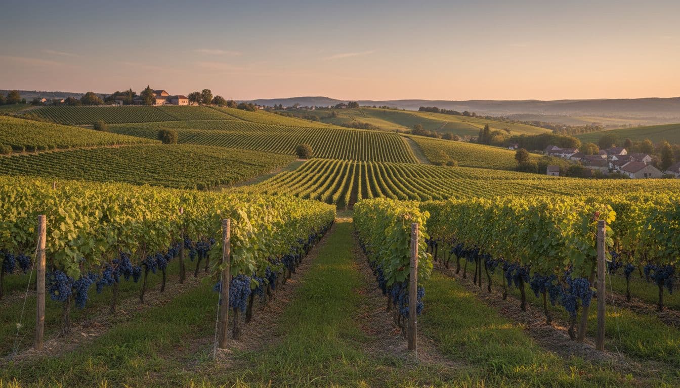 Realistic and refined editorial illustration of Blaufränkisch vineyards in Austria, with soft hills lined by vines bearing compact dark blue grape clusters, bathed in warm late afternoon light, in a premium enogastronomic magazine style.