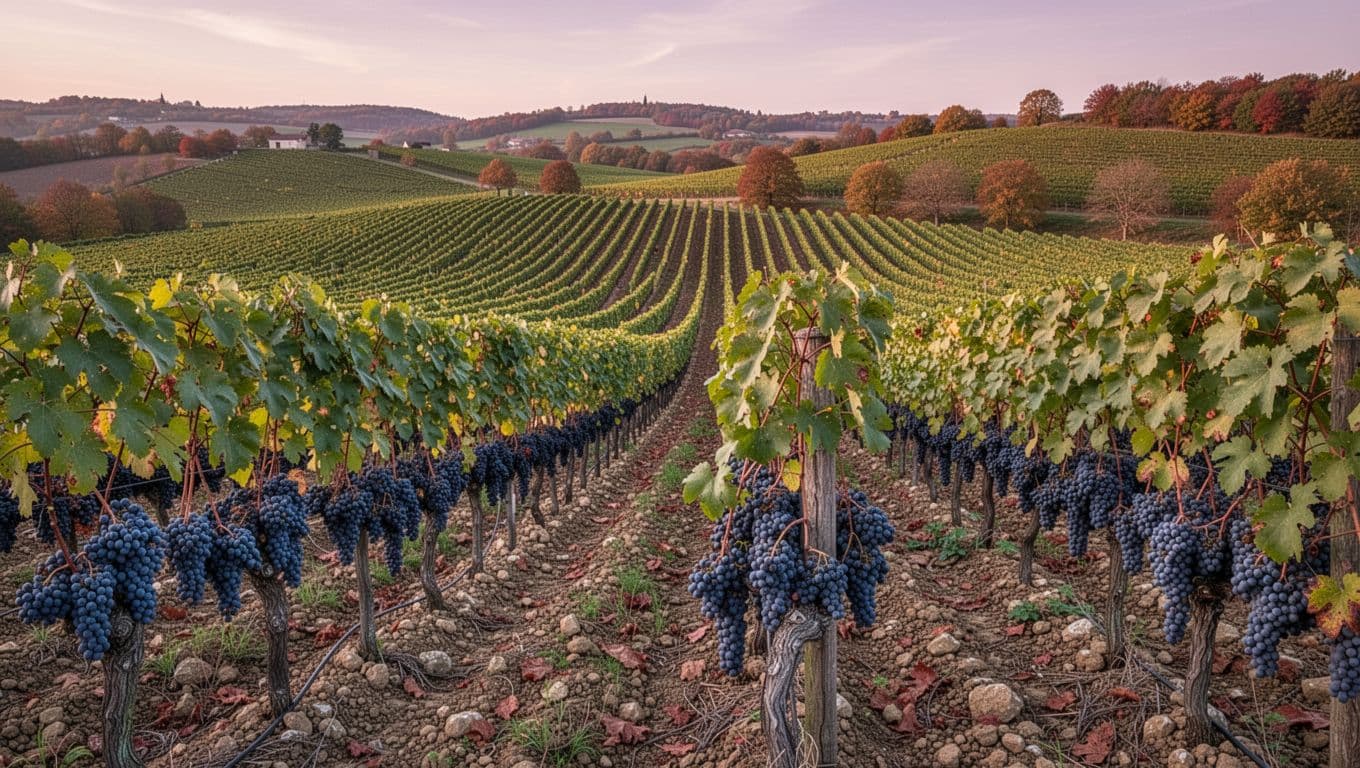 Illustrazione realistica e raffinata dei vigneti di Gamay nelle colline del Beaujolais, con filari di viti cariche di grappoli blu-violacei, paesaggio autunnale francese illuminato dalla luce morbida del tramonto.