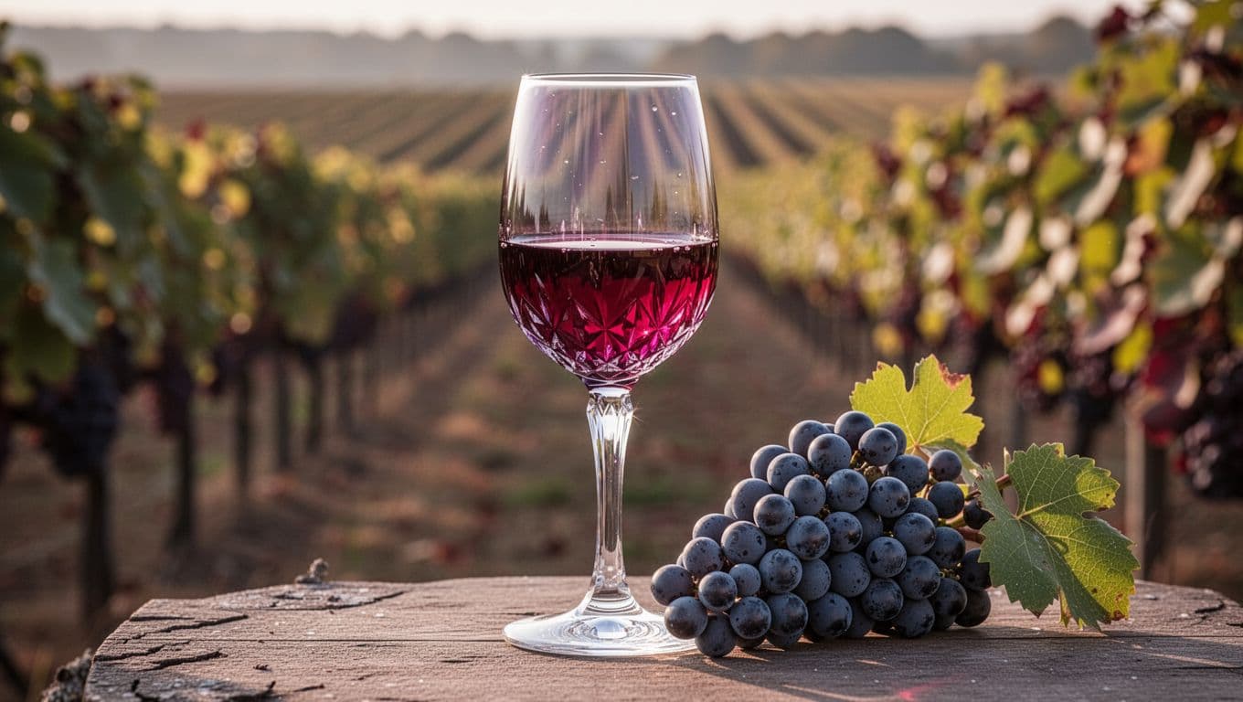 Illustrazione editoriale realistica e raffinata di un calice di Beaujolais Nouveau da Gamay con vino rosso rubino vivo e riflessi viola, grappolo d'uva Gamay accanto e sfondo vigneto sfocato.