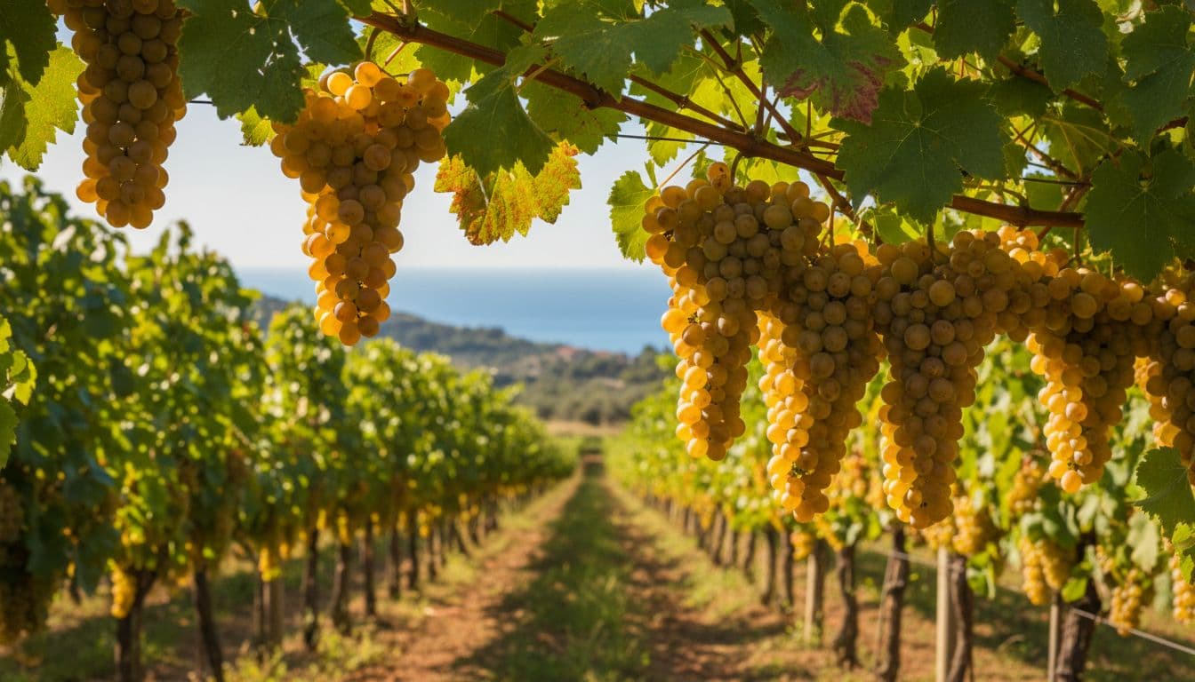 Sunlit rows of Bellone vines with ripe golden-yellow grapes in Agro Pontino, rolling hills and distant Tyrrhenian Sea.