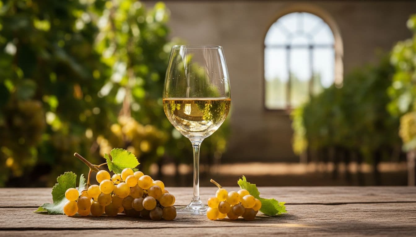 Crystal glass of straw-yellow Bellone wine with subtle bubbles on wooden table in rustic Lazio winery, golden grapes and vines in background.