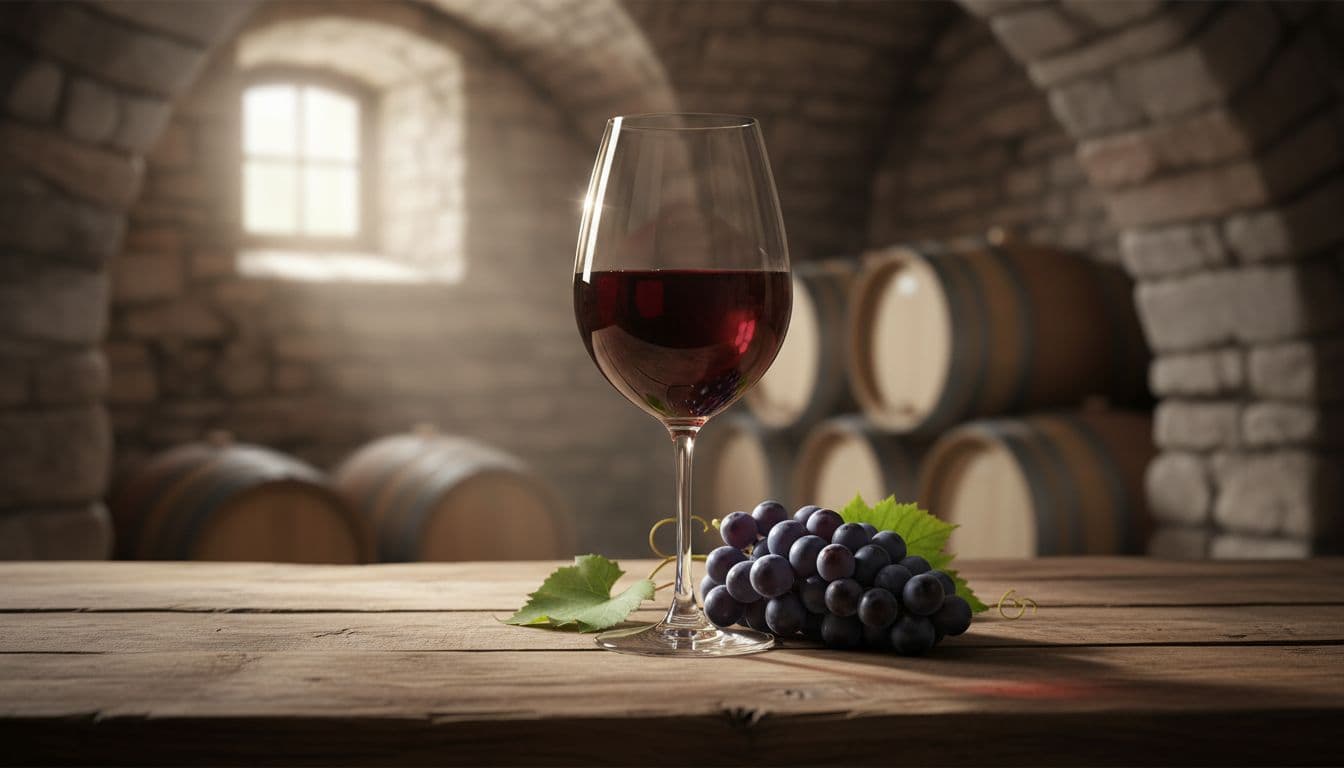 Refined realistic editorial illustration of a ruby red Blaufränkisch wine glass on a wooden table in a rustic cellar, with a dark blue grape cluster nearby, soft natural light, and luminous reflections creating an inviting premium atmosphere.