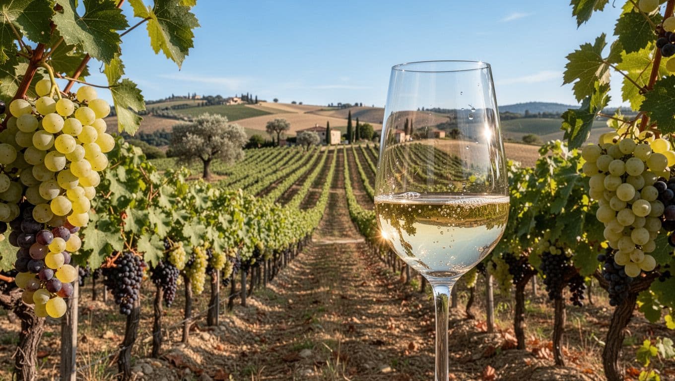 Ripe Bombino Bianco grape clusters on vigorous vines in rows across Mediterranean hills in southern Puglia, Italy, with olive trees, rural landscape, and sunny blue sky. Foreground features an elegant glass of fresh, clear white wine with golden reflections and fine bubbles.