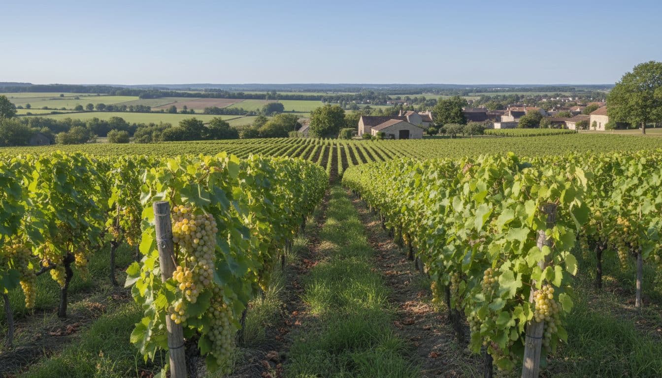 Ordered rows of Aligoté vines on a Burgundy hillside with ripe white grapes and green leaves under clear morning sky.