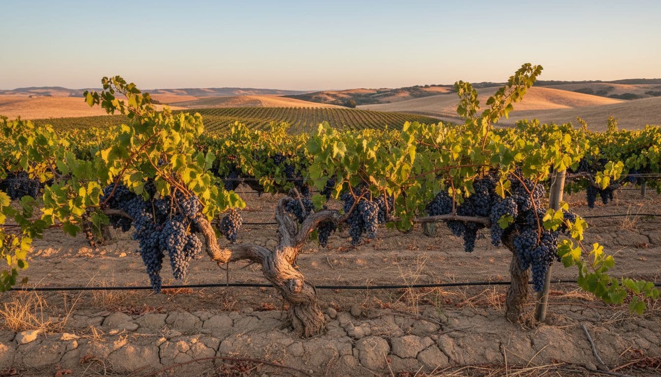 Old gnarled vines with ripe dark-purple Zinfandel grapes hang in rolling dry California hills under golden late-afternoon light.