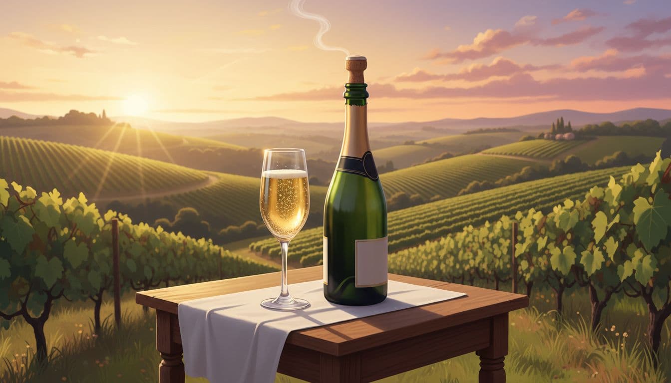 Open bottle of Cava Xarel-lo beside fizzing wine glass against Penedes vineyards in golden sunset.