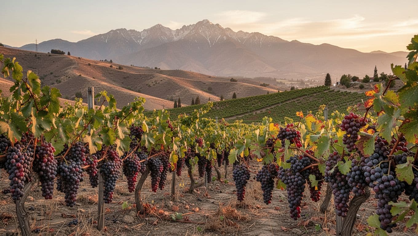 Realistic editorial image of Carménère vineyards on rolling hills in Chile, featuring red-purple grape clusters in the foreground and the Andes mountains in the background at sunset, with a warm, elegant atmosphere in premium wine magazine style.