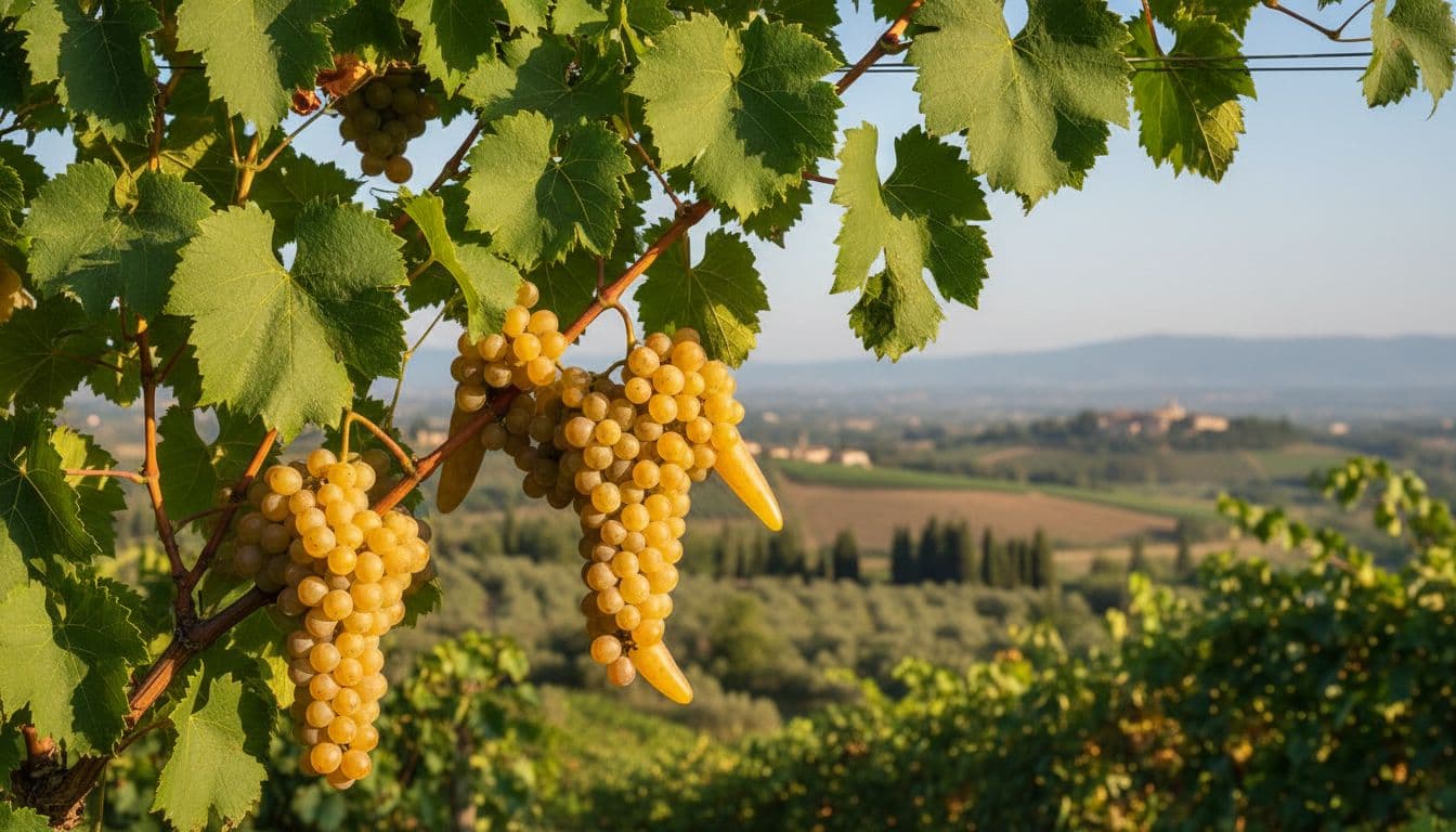 Immagine realistica e raffinata del vitigno Coda di Volpe con grappoli giallo-dorati a forma di coda di volpe, foglie grandi lobate verdi dettagliate e luce calda naturale mattutina in un vigneto campano mediterraneo.