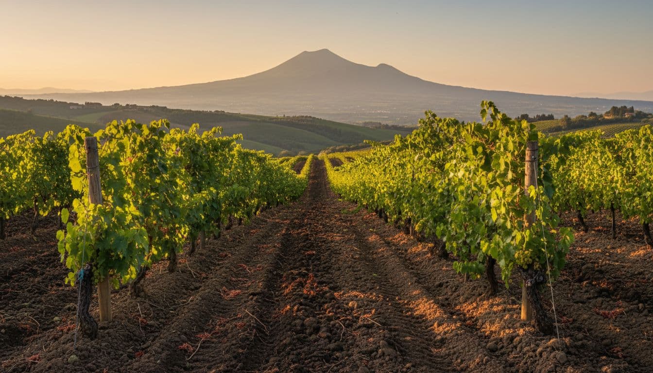 Realistic and refined editorial image of Coda di Volpe vine rows on the volcanic hills of Irpinia in Campania, featuring a Mediterranean hilly landscape with distant Vesuvius, golden afternoon light, and authentic southern Italian terroir details like dark soils.