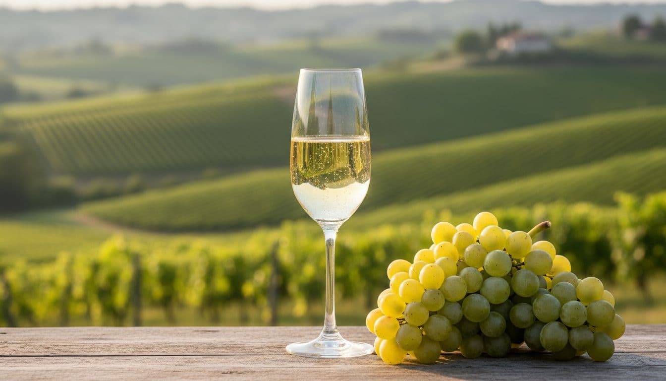 Glass of straw-yellow Durello sparkling wine with fine bubbles beside fresh Durella grapes, blurred Venetian hillside vineyards background.
