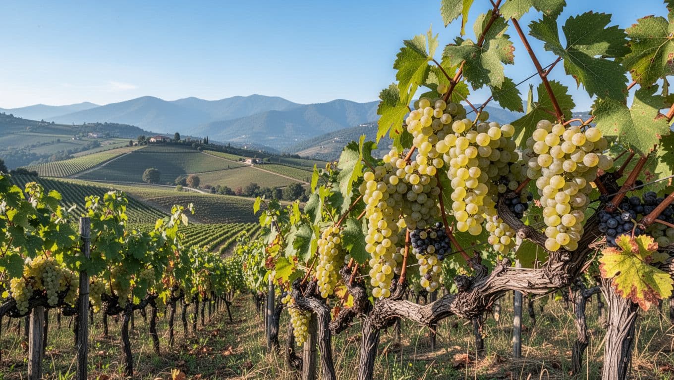 Vigneti di Erbaluce su colline piemontesi sotto il sole mattutino, con grappoli di uva bianca matura pendenti da vecchie viti, paesaggio rurale con verdi colline e montagne lontane.