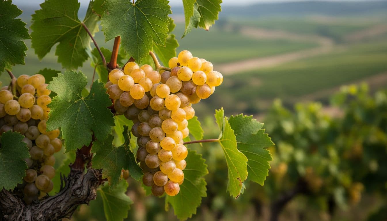 Close-up of mature Furmint grape clusters with typical green leaves on a vine branch in a central European vineyard, featuring soft natural light and premium editorial style.