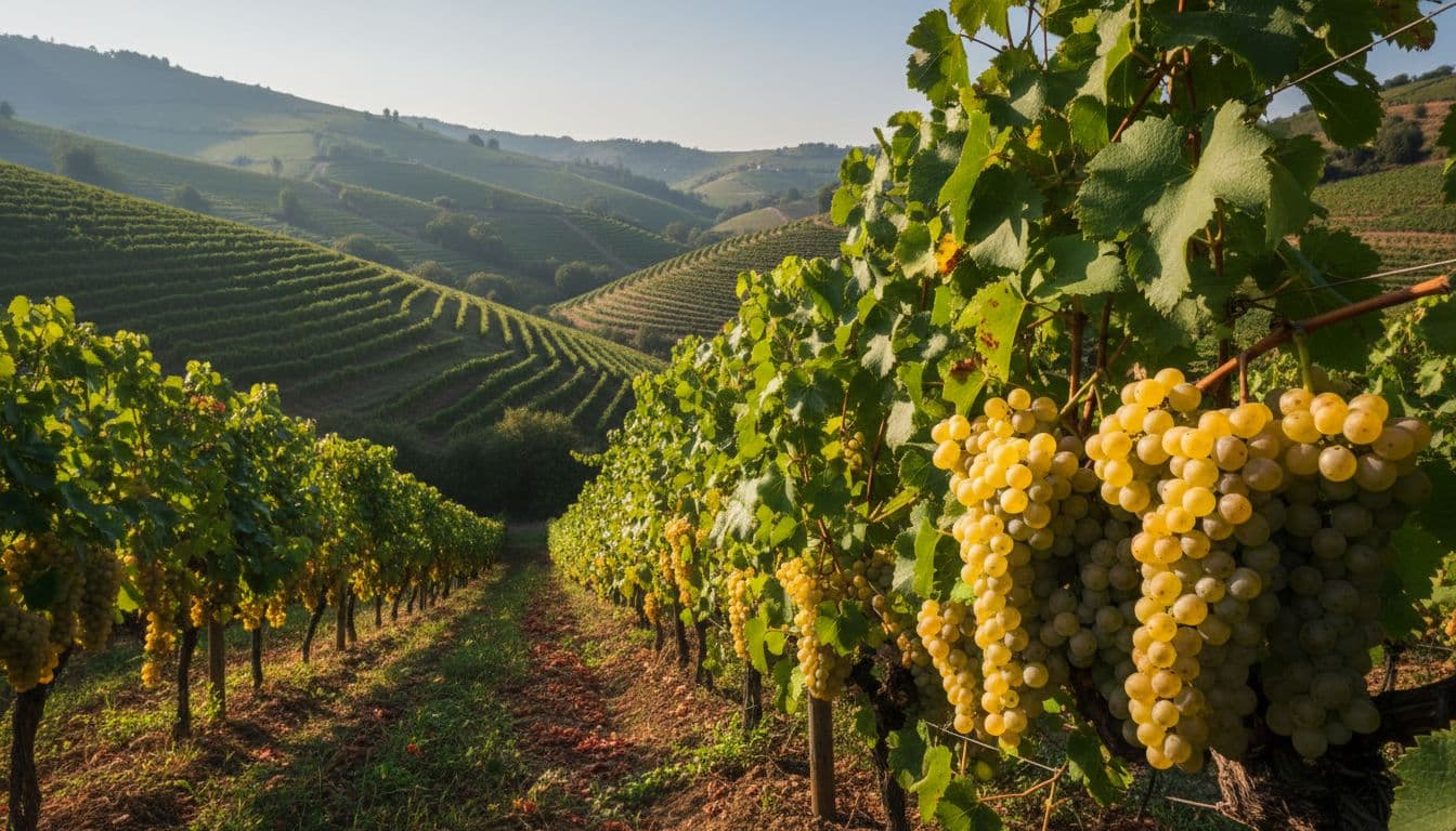 Realistic and refined editorial image of Godello vineyards on hilly slopes in Valdeorras, Galicia, northwest Spain, with ordered rows of vines, ripe white Godello grapes in the foreground, and soft morning natural light creating an elegant, serene atmosphere.