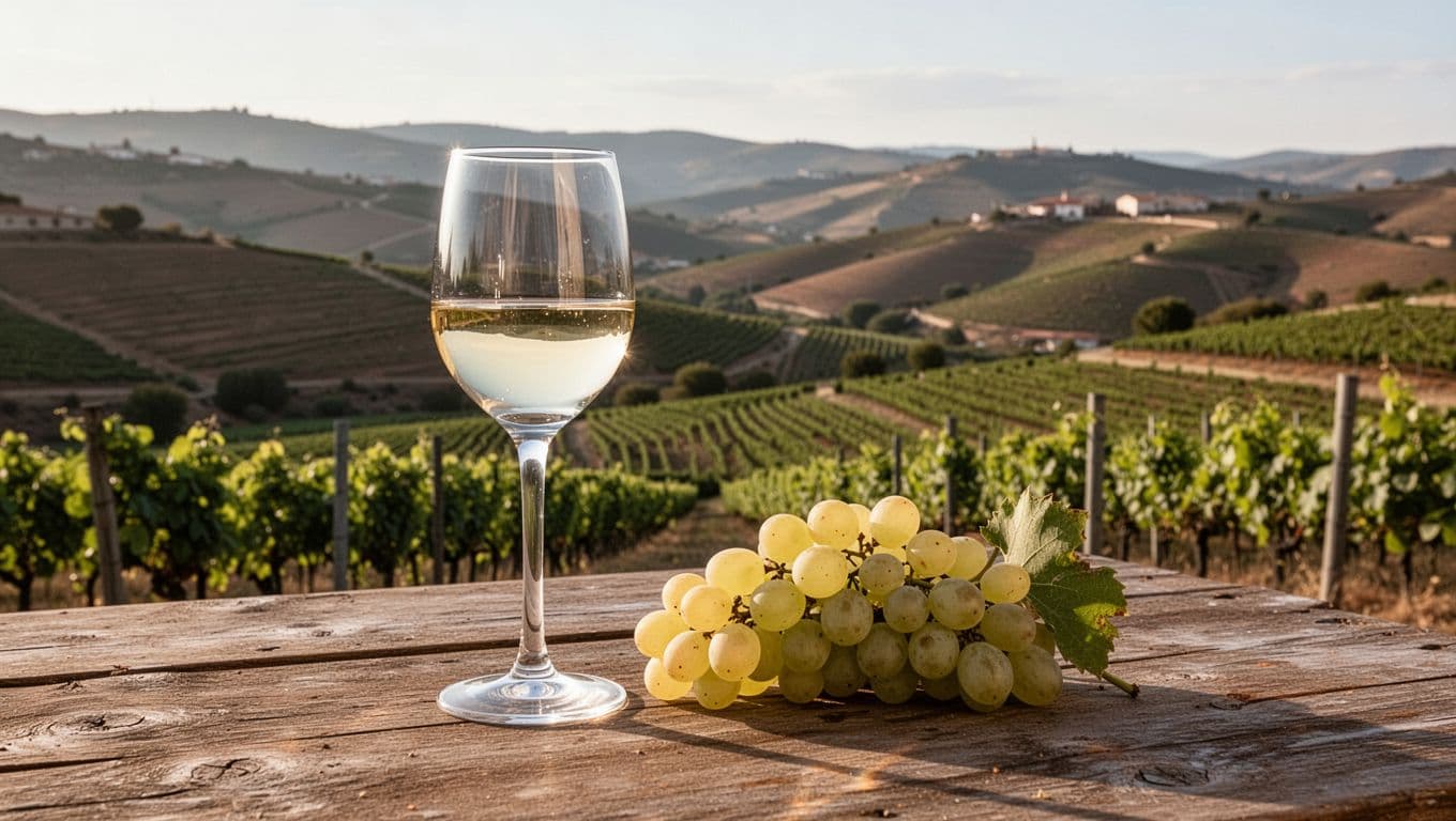 Realistic and refined editorial image of a Godello white wine glass on a rustic table, with hilly Bierzo vineyards in Spain as background and a cluster of white grapes beside it, under soft natural afternoon light.