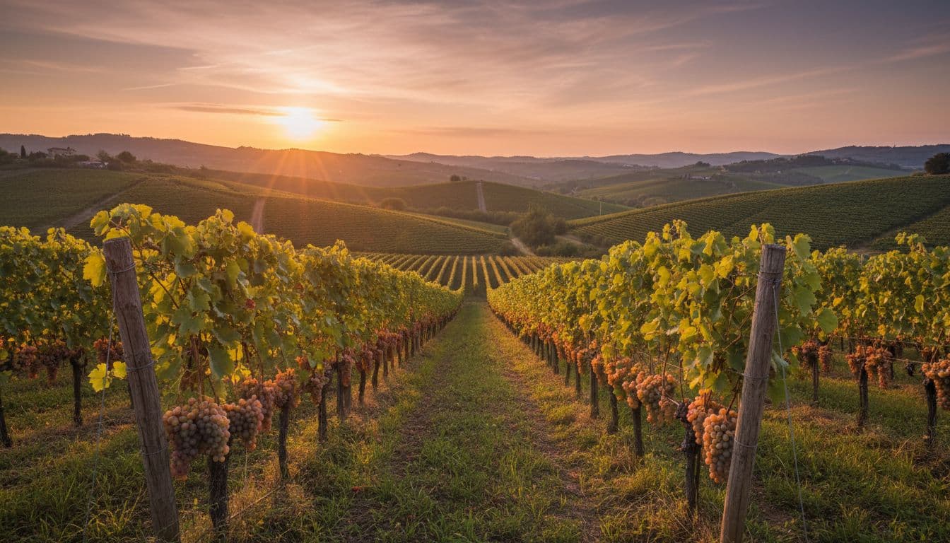 Filari ordinati di vigneti Grignolino sulle colline del Monferrato in Piemonte al tramonto, con grappoli d'uva rosso chiaro pendenti e luce naturale dorata calda, paesaggio collinare sereno.