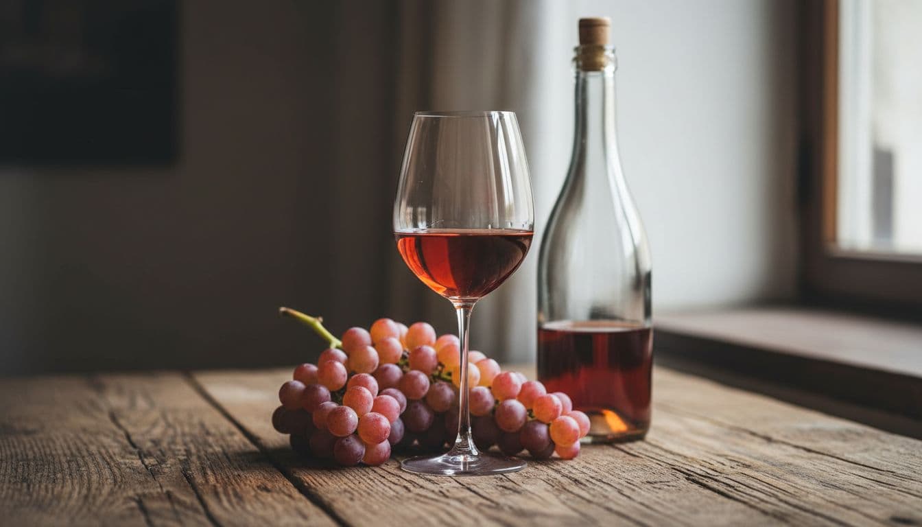 Calice di vino Grignolino rubino tenue con riflessi aranciati su tavolo rustico, accanto a grappolo d'uva Grignolino rosso chiaro e bottiglia, in atmosfera autentica piemontese con luce naturale soffusa.