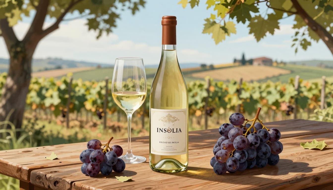 Photorealistic editorial illustration of an elegant Insolia white wine bottle and full glass on a rustic wooden table, with mature grape cluster and blurred Sicilian vineyard background under soft natural light.