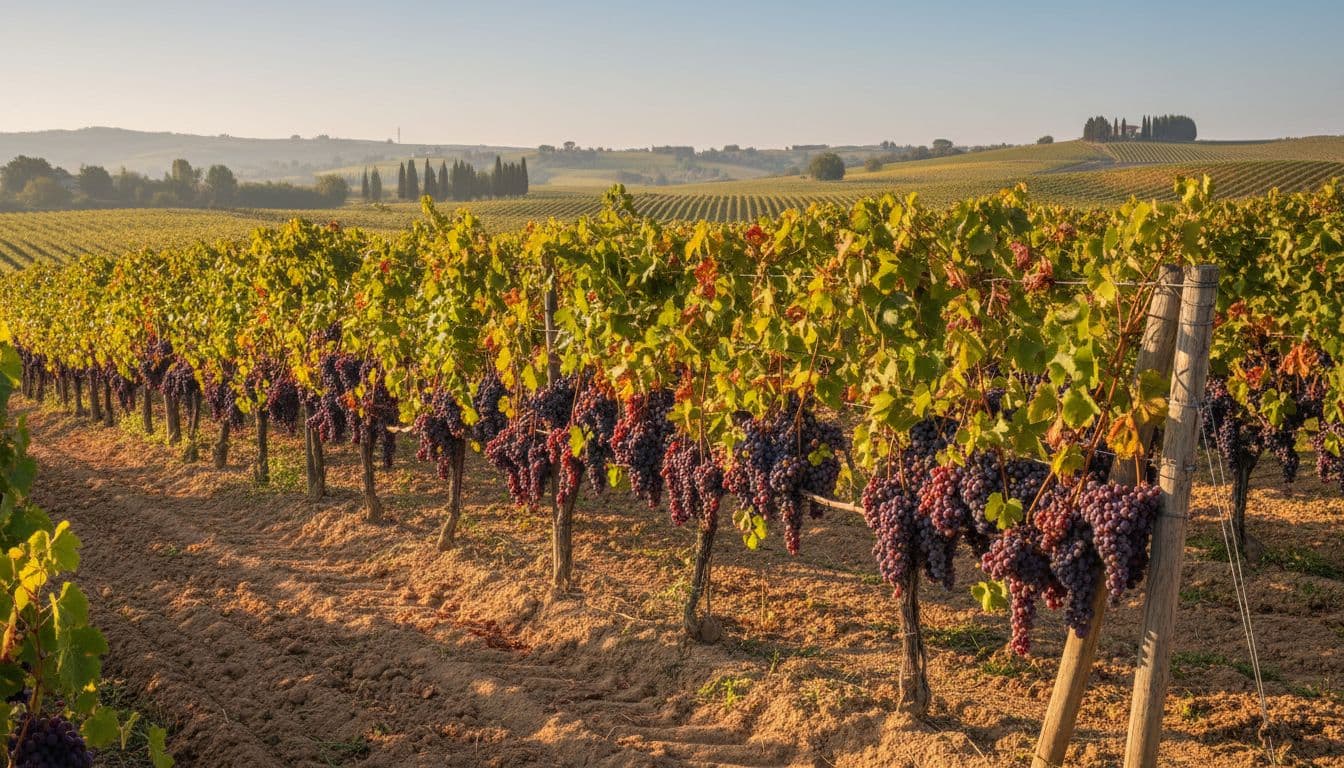 Mature Sorbara grape clusters on vines in sandy alluvial soil under clear morning sky.