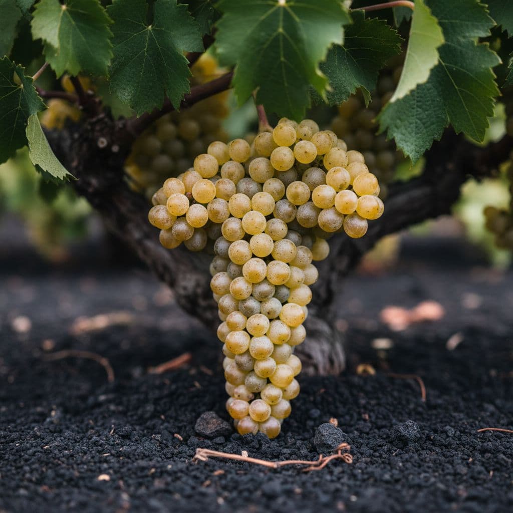 Grappolo maturo di uva Assyrtiko con acini piccoli dorati, buccia sottile e pruina spessa, su vite ad alberello potata bassa tra foglie verdi rugose e suolo vulcanico nero sfocato.
