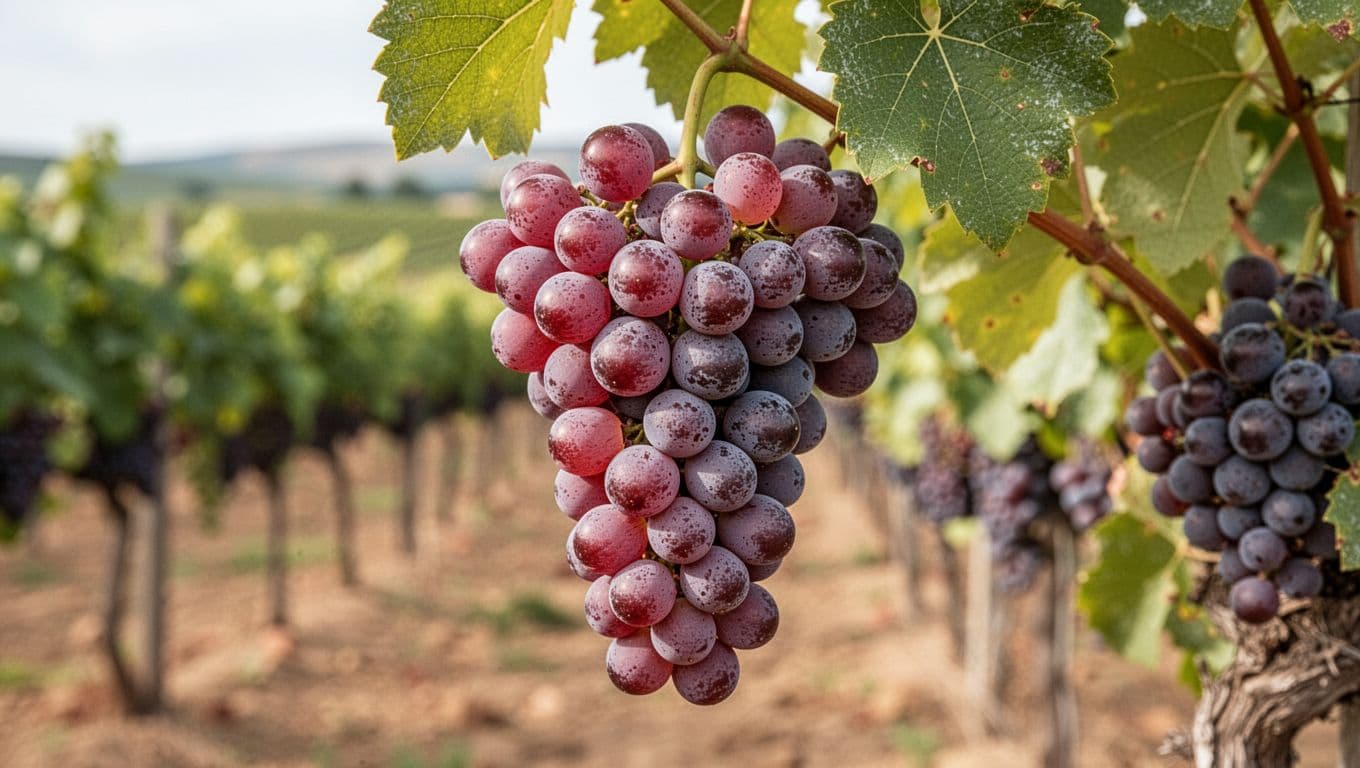 Realistic editorial close-up of a single mature Carménère grape cluster with red-violet berries coated in white pruina, partial green leaf, soft natural vineyard light, and blurred vineyard background in premium enological magazine style.