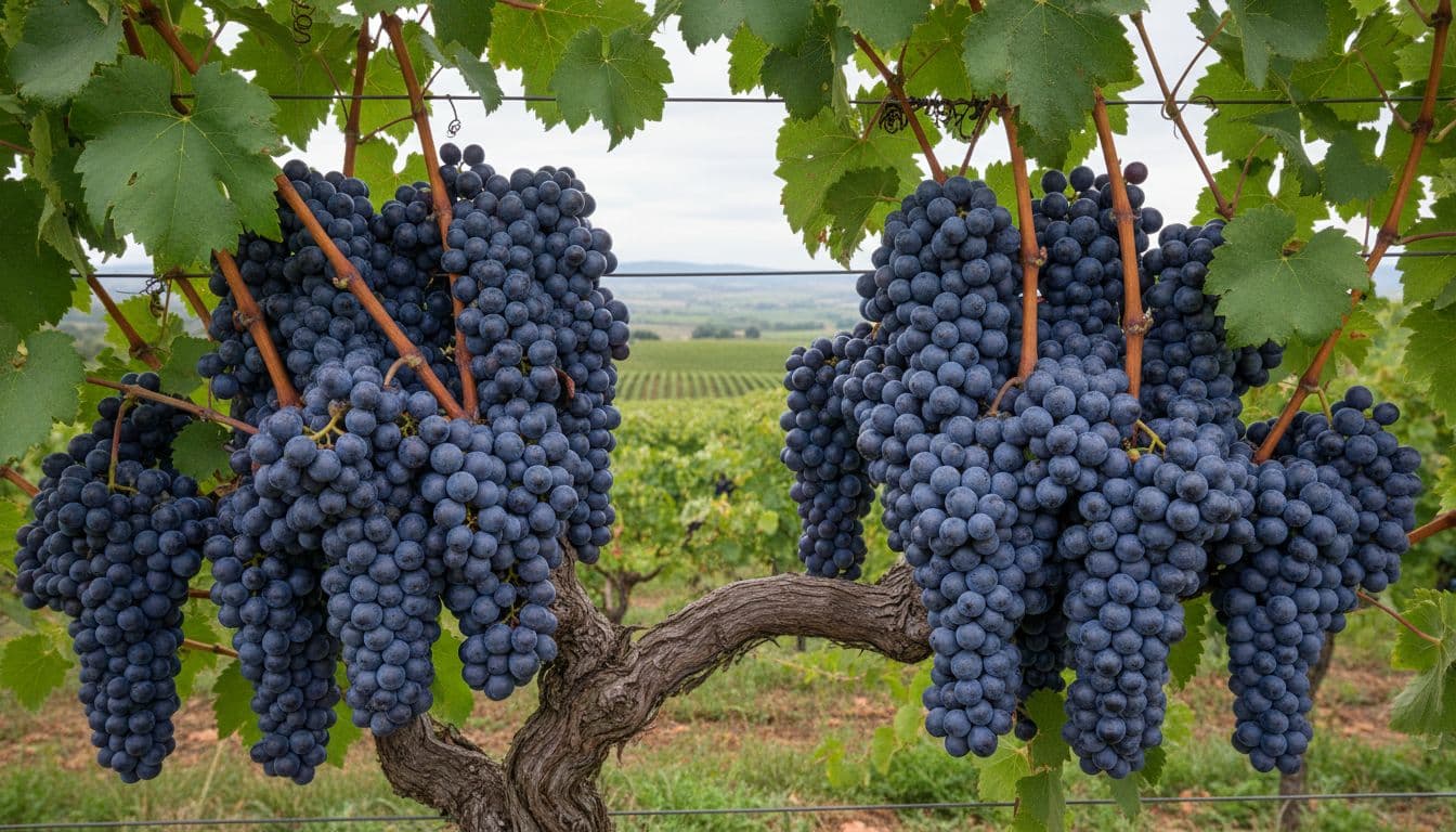 Clusters of mature Petit Verdot grapes hanging on vines in an elegant vineyard with rolling hills in the background, featuring deep violet-purple berries in realistic editorial style under soft diffused natural daylight.