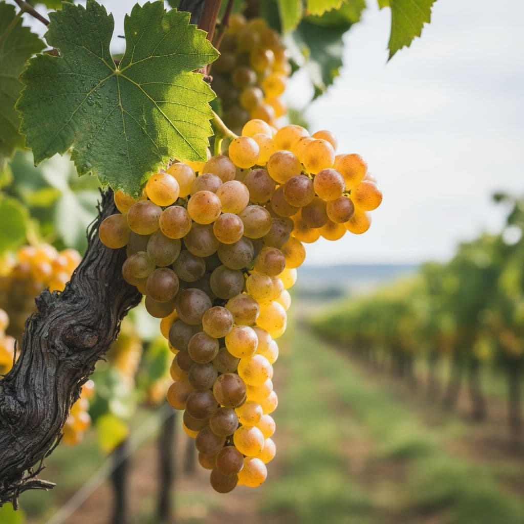 Detailed close-up of a mature Semillon grape cluster with golden, compact berries featuring thin skins, alongside a green leaf and woody shoot, illuminated by soft natural light against a blurred vineyard background.