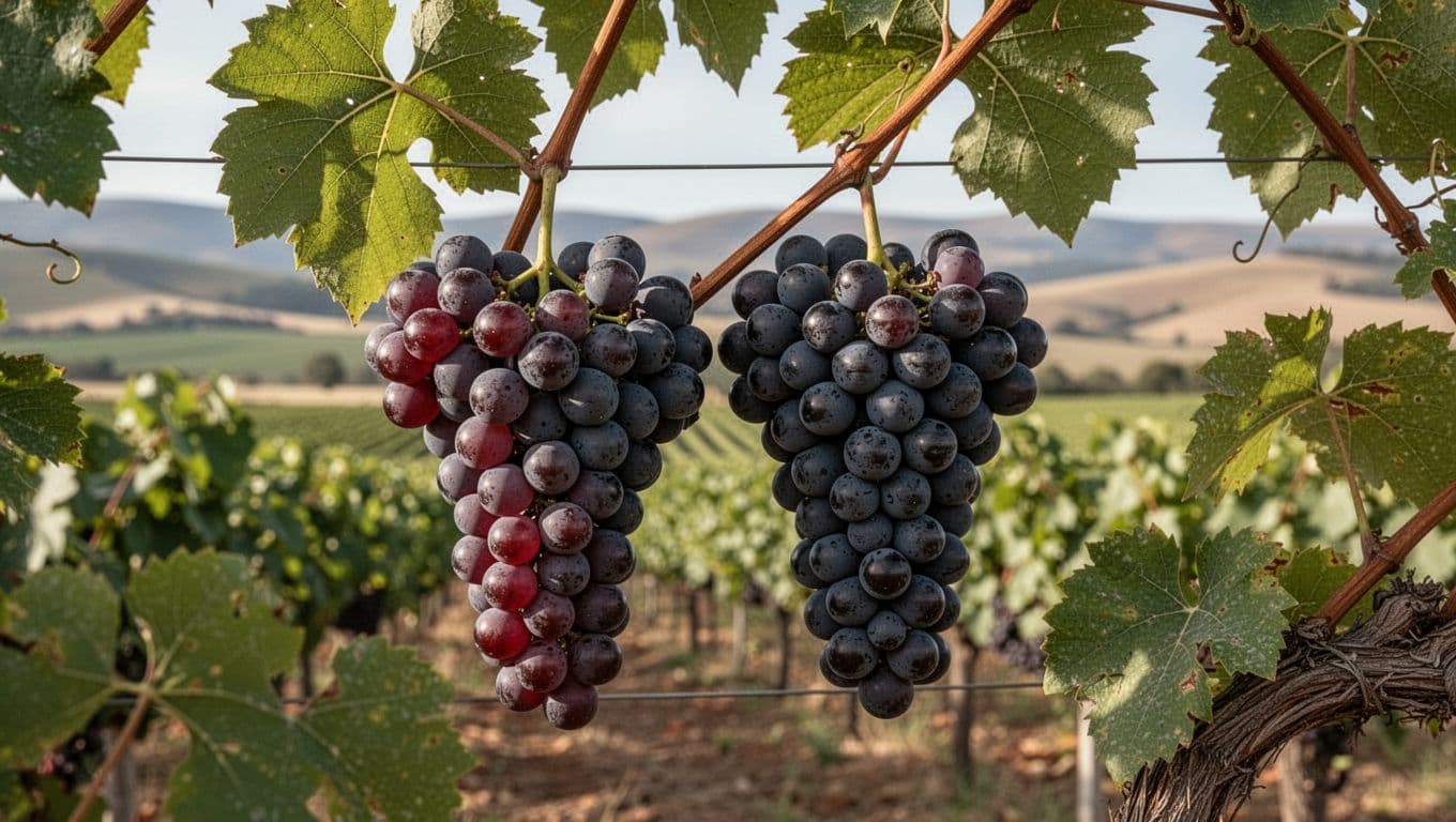 Grappoli di uva Tannat maturi, scuri e compatti, appesi a una vite in un vigneto pianeggiante uruguaiano con colline lontane e foglie verdi dettagliate. Composizione ravvicinata fotorealistica che evidenzia acini rubino intenso, buccia spessa e dettagli botanici sotto luce naturale morbida.