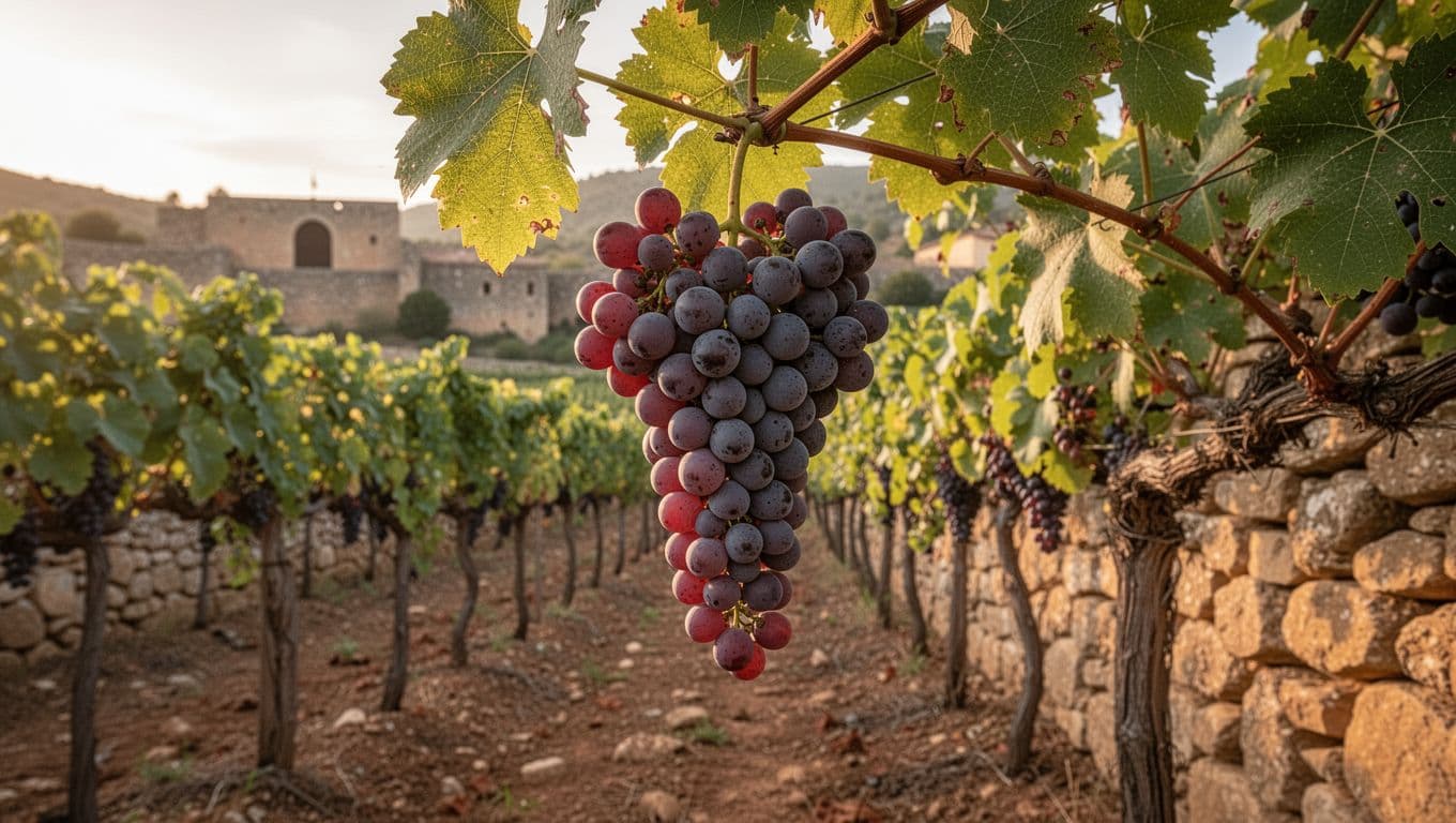 Realistic and refined editorial illustration of a single mature Tempranillo grape cluster on the vine in ancient Spanish vineyards, illuminated by warm late afternoon light with an elegant, authentic atmosphere perfect for wine articles.