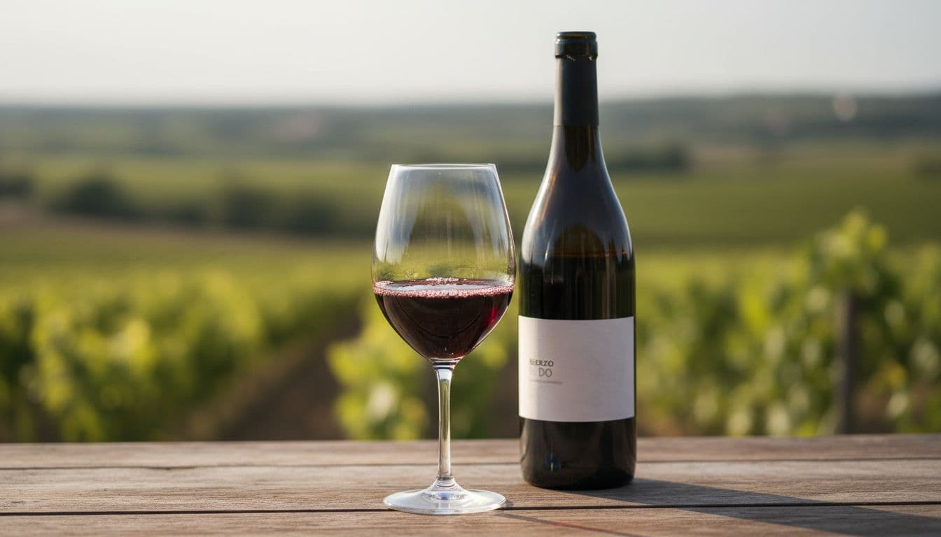 Glass of ruby Mencía red wine with fine bubbles beside open Bierzo bottle on rustic wooden table with blurred vineyard background.
